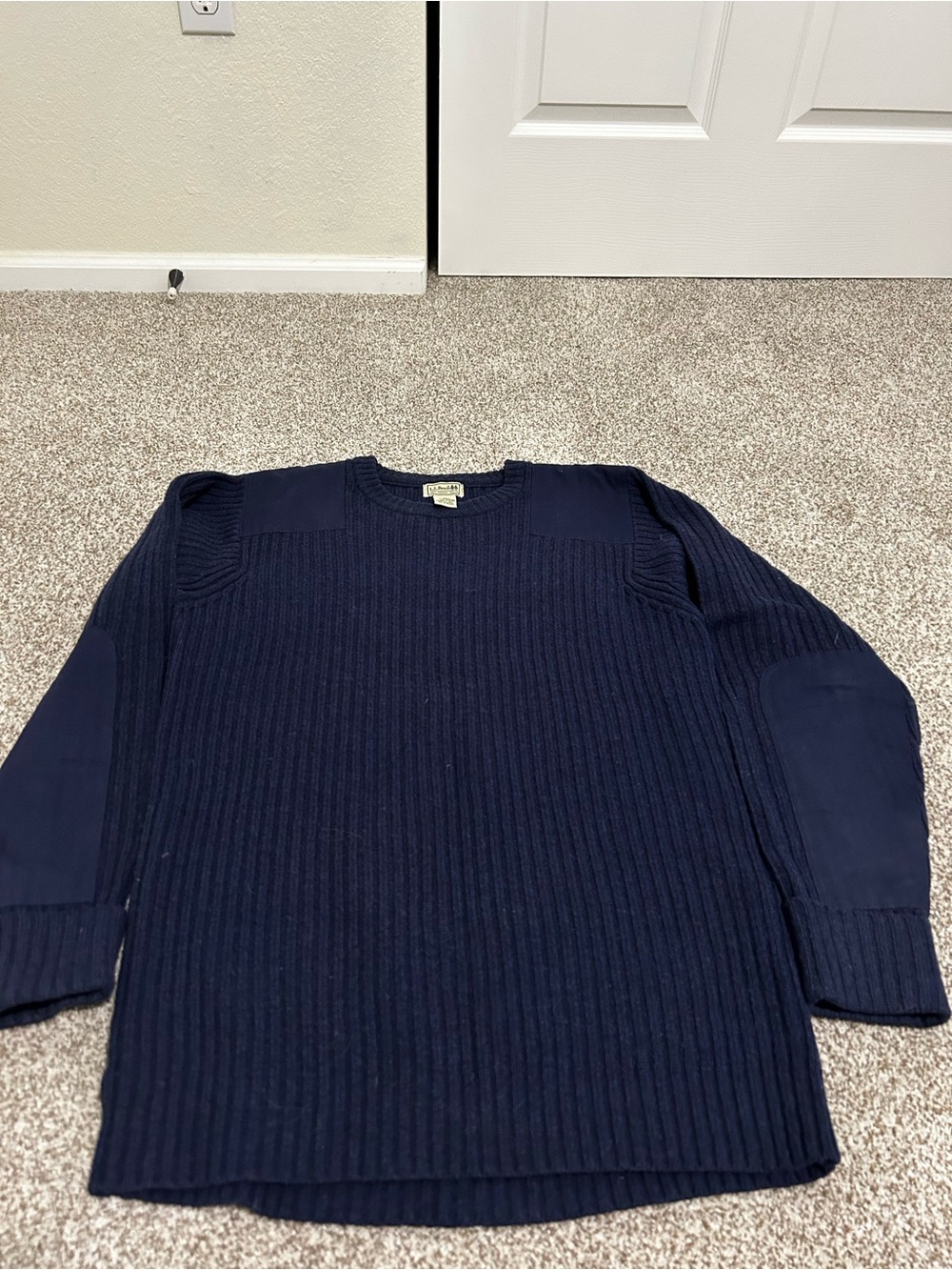 Men's Navy Ribbed Crewneck Marino Wool Sweater- LL Bean - L Tall